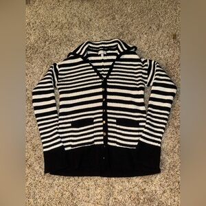 Striped Black and White Button up Sweater with Collar